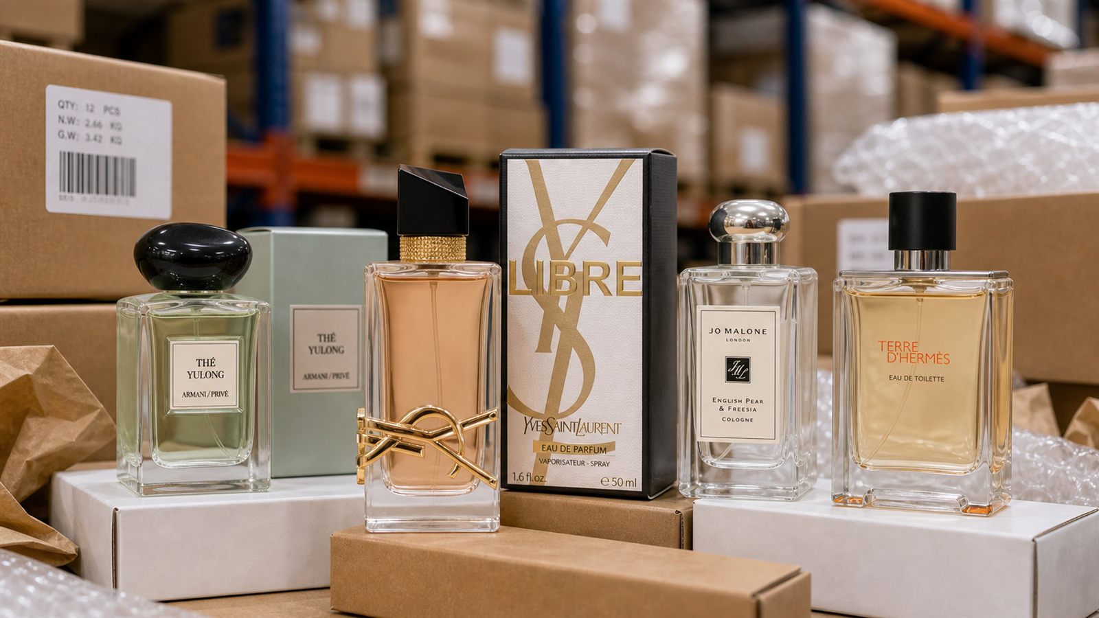 Prestige fragrance products arranged on warehouse stock cartons