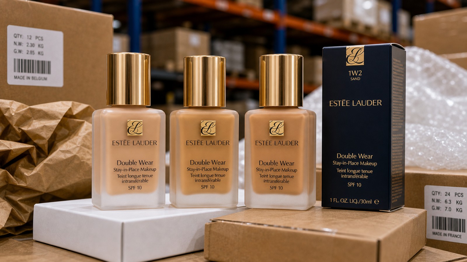 Prestige makeup stock arranged on warehouse cartons