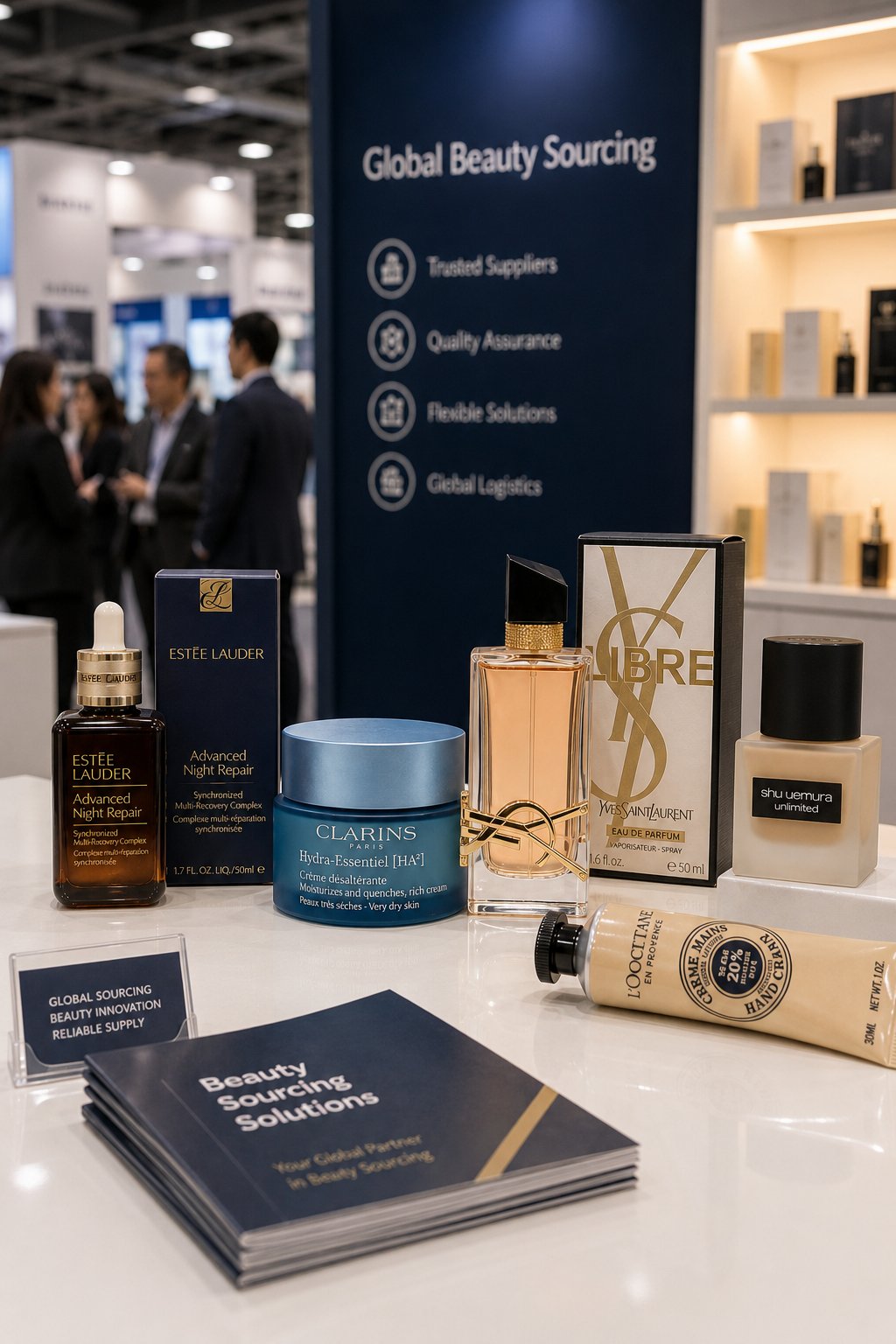 Beauty sourcing trade show counter with prestige product samples