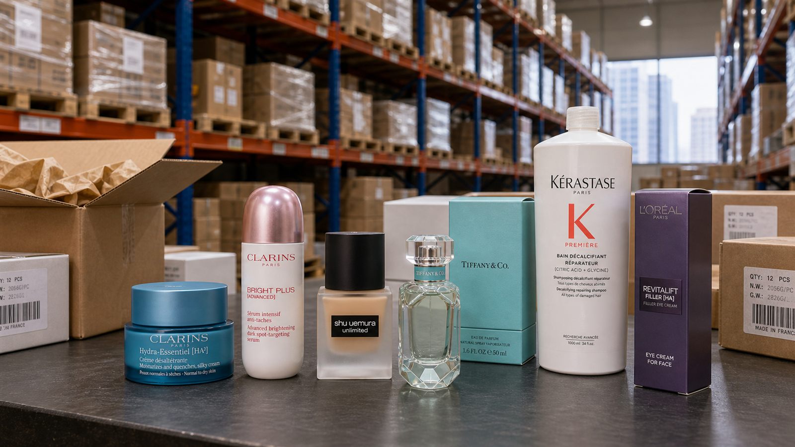 Prestige beauty stock on a packing table inside an organized Hong Kong B2B warehouse